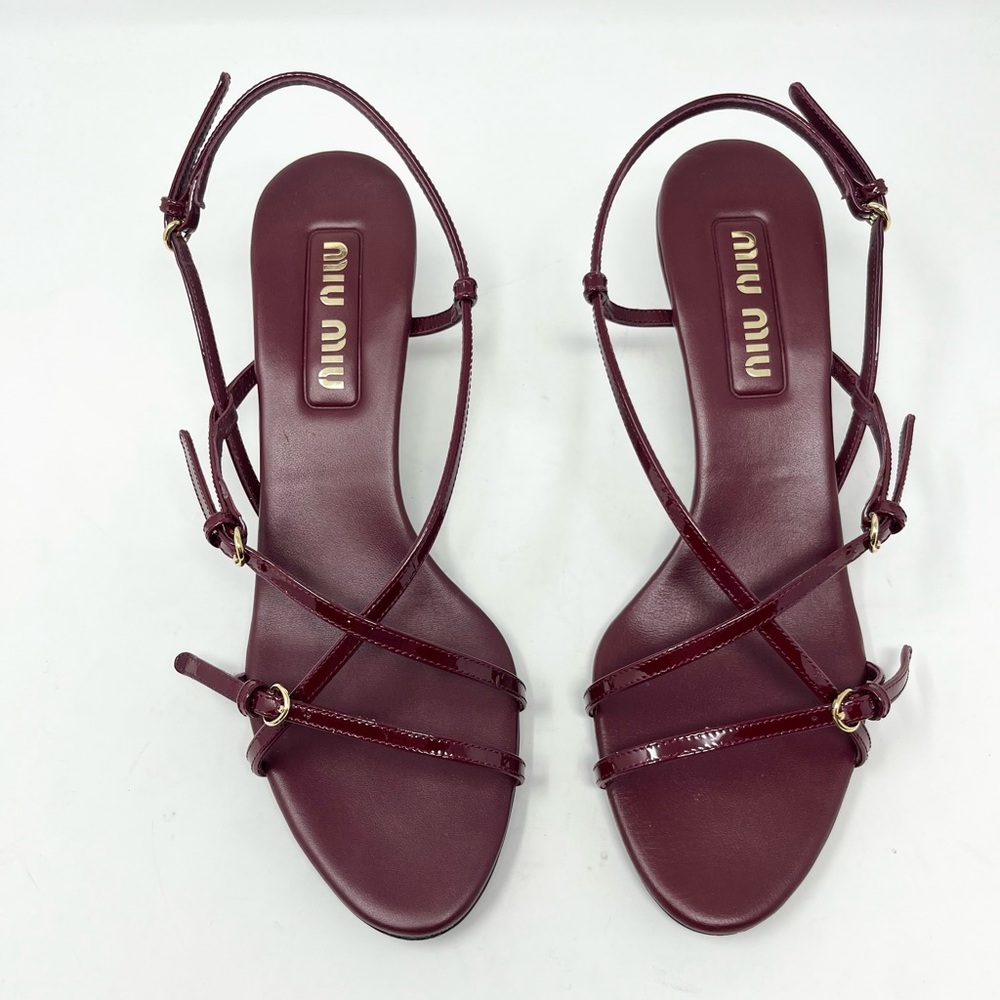 Miu Miu Vernice Strappy Slingback Sandal Burgundy Patent Leather Size 41 EU